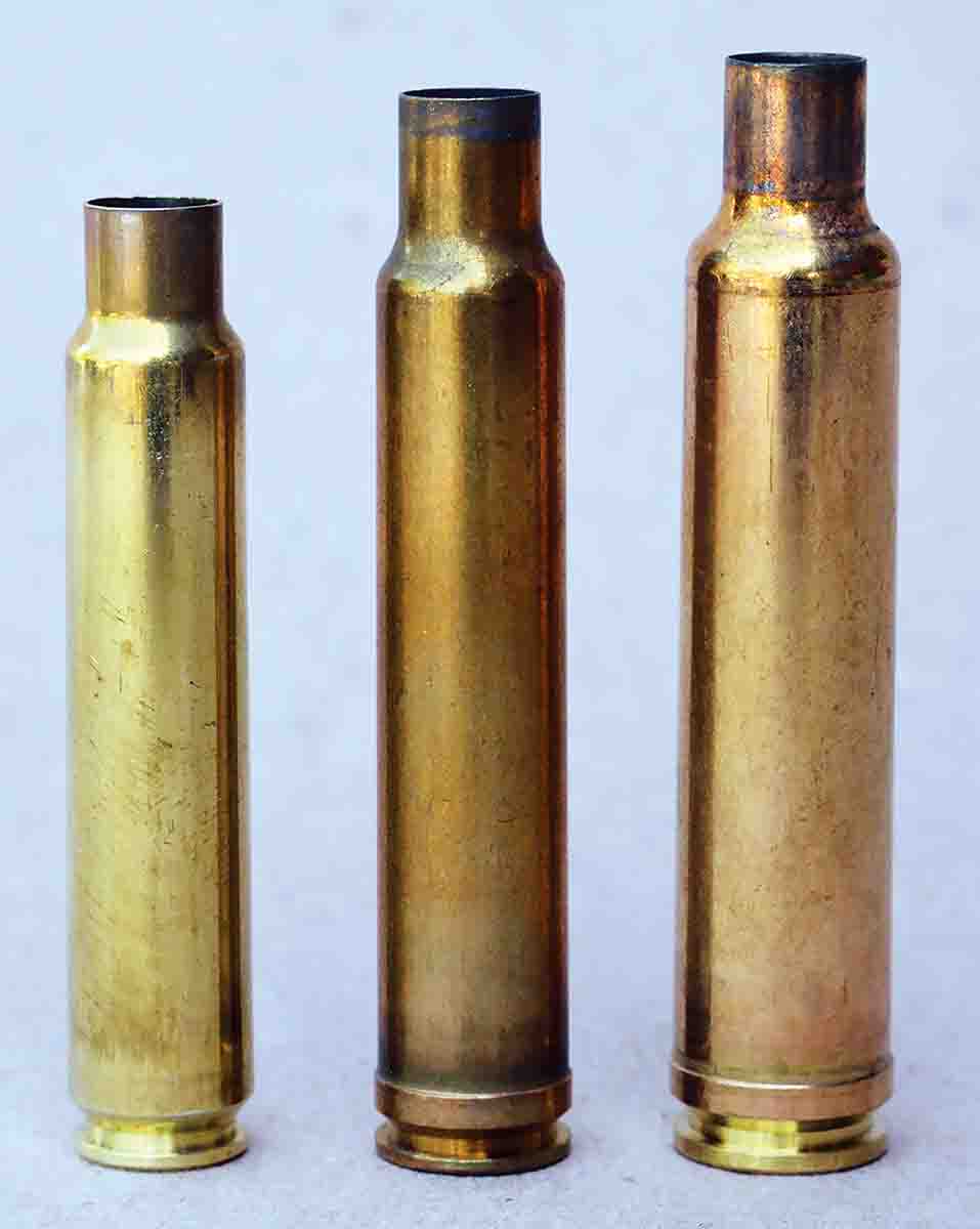 The 338 RPM case (left) is modern in every respect that offers efficiency, more moderate recoil and many other benefits to hunters. Left to right: 338 RPM, 340 Weatherby Magnum and 338-378 Weatherby Magnum.